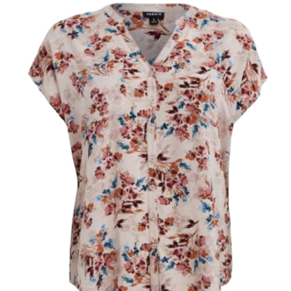 Torrid Women's Tan Floral Challis Button Front Top Blouse Size 5X Dolman Sleeve - Picture 2 of 9